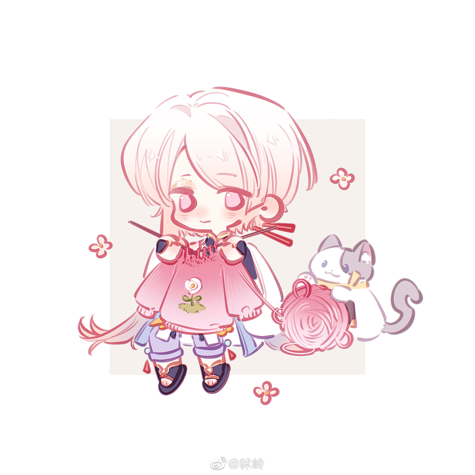 1boy black_bridal_gauntlets black_sandals black_shirt bridal_gauntlets cat chibi chibi_only chinese_clothes chinese_commentary closed_mouth eyeshadow floral_print flower flower_symbol gradient_hair hair_ornament hair_stick highres holding holding_needle holding_sweater holding_unworn_clothes hu-geng_(the_tale_of_food) invisible_chair knitting knitting_needle light_blush long_sleeves makeup male_focus multicolored_hair needle pants pink_flower pink_hair pink_sweater purple_pants robe sandals shirt short_hair shuling single_sidelock sitting smile solo sweater swept_bangs the_tale_of_food white_background white_hair white_robe wide_sleeves yarn yarn_ball yellow_eyeshadow