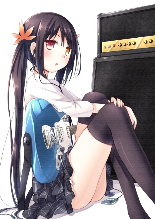 1girl amplifier bad_id bad_pixiv_id black_hair black_thighhighs blush chm_(macharge) digital_media_player earphones electric_guitar female_focus fender_(company) guitar heterochromia instrument ipod long_hair open_mouth original red_eyes skindentation skirt solo thighhighs twintails whammy_bar yellow_eyes zettai_ryouiki