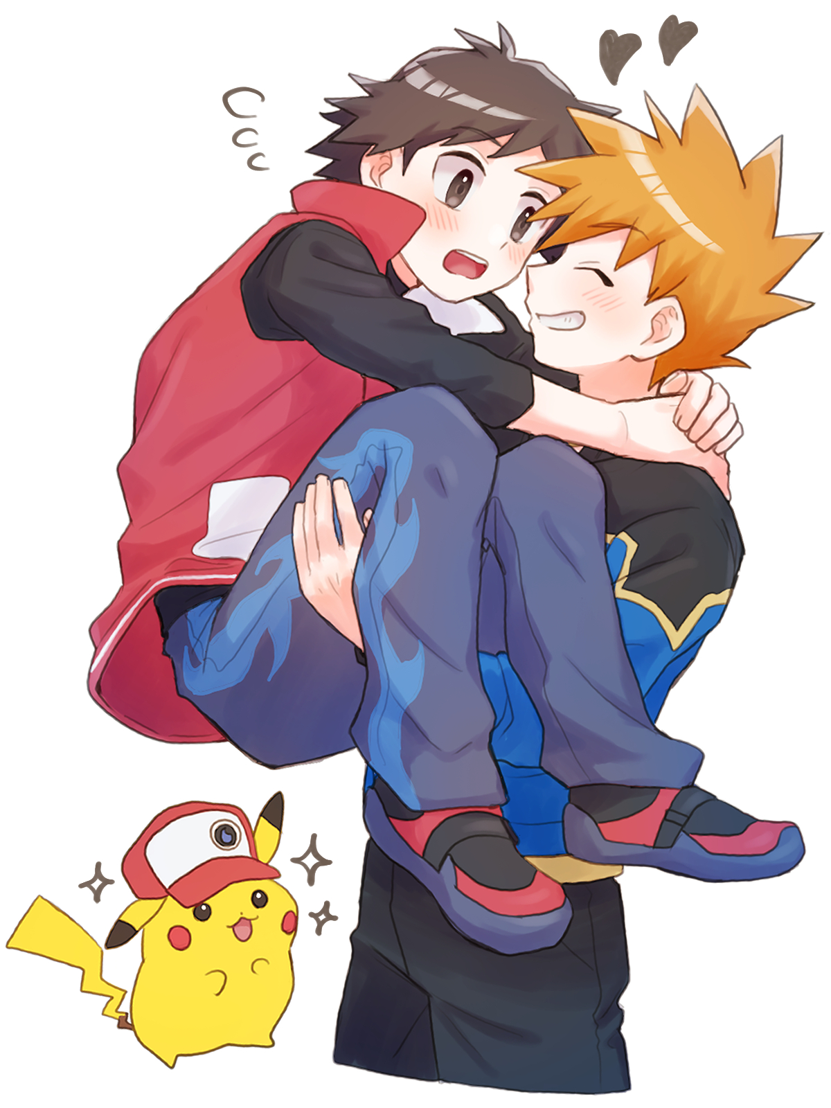 2boys blue_jacket blue_oak blue_oak_(sygna_suit) blush brown_eyes brown_hair carrying closed_eyes clothed_pokemon commentary_request flying_sweatdrops gen_1_pokemon grin hat heart highres jacket long_sleeves male_focus mochi_(mocchi_p_2m) multiple_boys nintendo official_alternate_costume open_mouth pants pikachu pokemon pokemon_(creature) pokemon_masters_ex red_(pokemon) red_(sygna_suit)_(pokemon) red_headwear shirt shoes short_hair smile sparkle spiked_hair teeth white_background yaoi