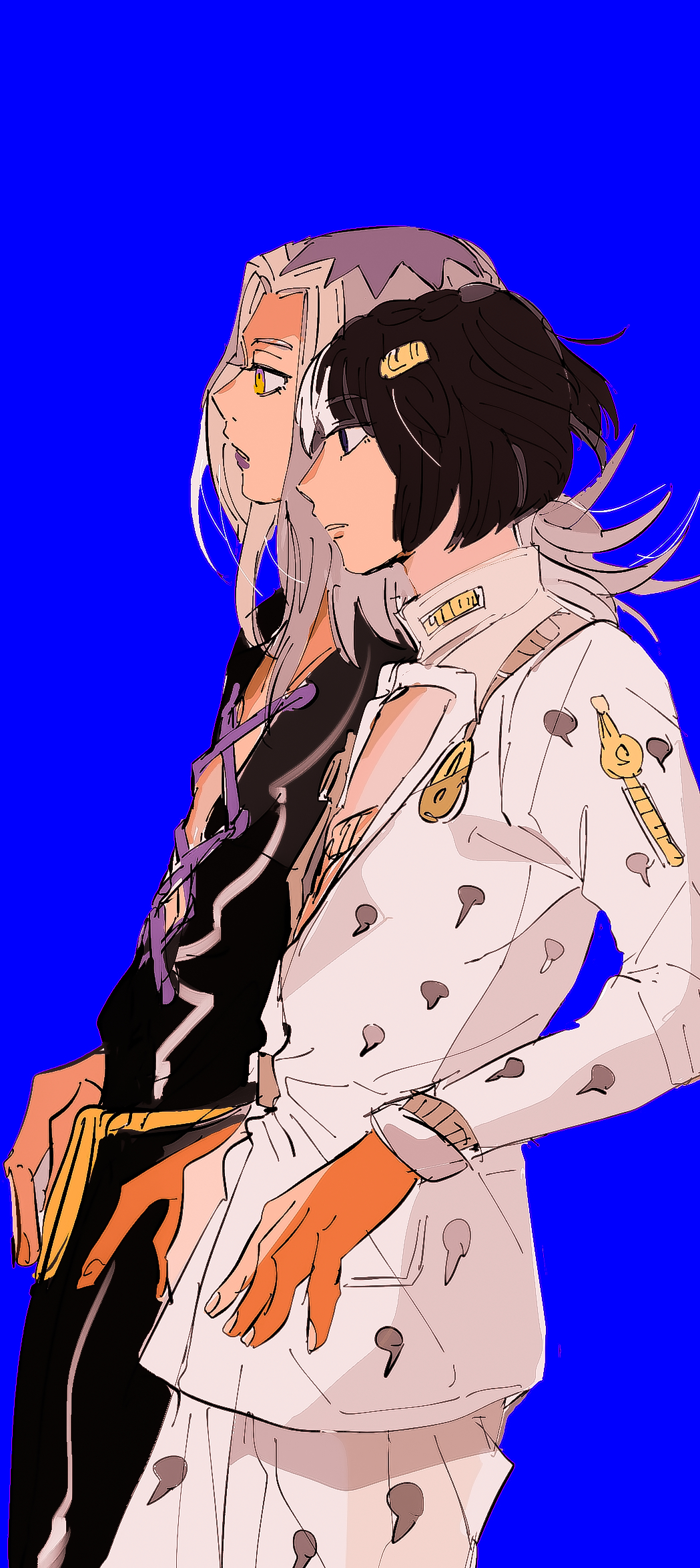 2boys black_hair blue_background bruno_bucciarati formal_clothes from_side hair_ornament highres jojo_no_kimyou_na_bouken leone_abbacchio long_hair long_sleeves male_focus motunikomi multiple_boys short_hair suit vento_aureo white_hair zipper