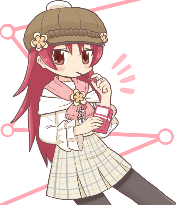 1girl bad_id bad_pixiv_id black_pantyhose brown_hat commentary_request cosplay cowboy_shot eating flower food food_in_mouth frilled_sleeves frills hand_up hat hat_flower holding holding_food holding_pocky jewelry long_hair long_sleeves looking_at_viewer magia_record:_mahou_shoujo_madoka_magica_gaiden mahou_shoujo_madoka_magica mahou_shoujo_madoka_magica_(anime) notice_lines official_alternate_costume pantyhose pink_scarf plaid_clothes plaid_skirt pocky pocky_in_mouth red_eyes red_hair reverse_(bluefencer) ring sakura_kyoko scarf shirt skirt solo standing tomoe_mami tomoe_mami_(cosplay) tomoe_mami_(winter_costume) white_shirt yellow_flower