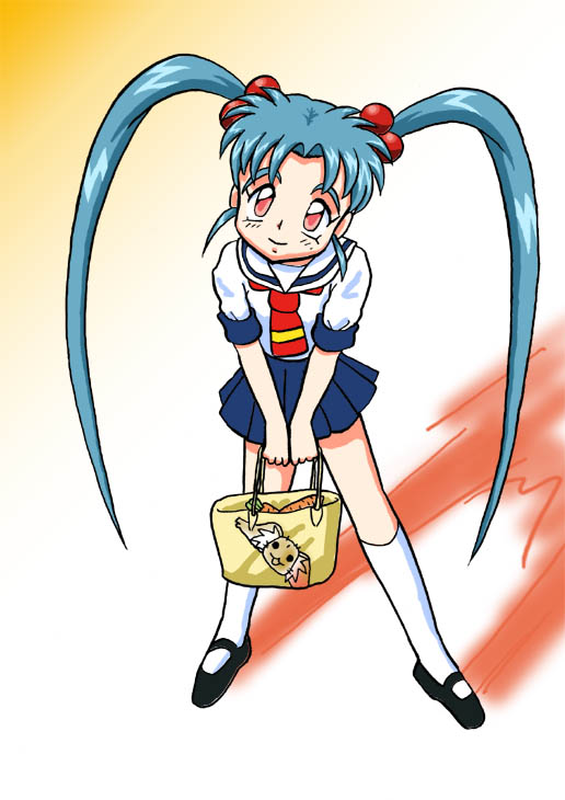 1girl artist_request bag blue_hair carrot child hair_ornament long_hair long_shadow looking_at_viewer masaki_sasami_jurai pretty_sammy pretty_sammy_(character) red_eyes ryou-ouki shadow shopping_bag simple_background smile source_request standing tenchi_muyou!