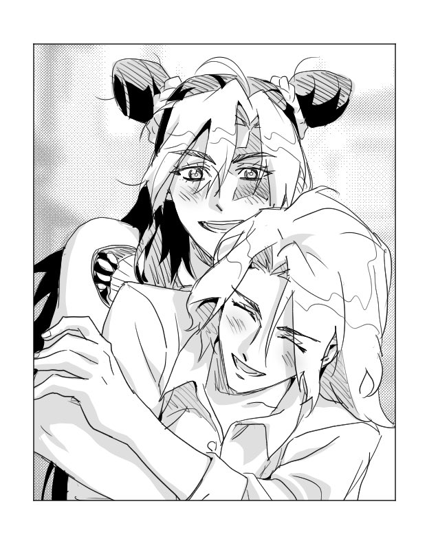 2girls bun_with_braided_base closed_eyes commentary_request double_bun eyes_visible_through_hair greyscale hair_between_eyes hair_bun hatching_(texture) hug hug_from_behind jeonjin_(mynamebazin) jojo_no_kimyou_na_bouken korean_commentary kuujou_jolyne long_hair loose_hair_strand monochrome mother_and_daughter mrs._kujo multicolored_hair multiple_girls open_mouth smile stone_ocean two-tone_hair