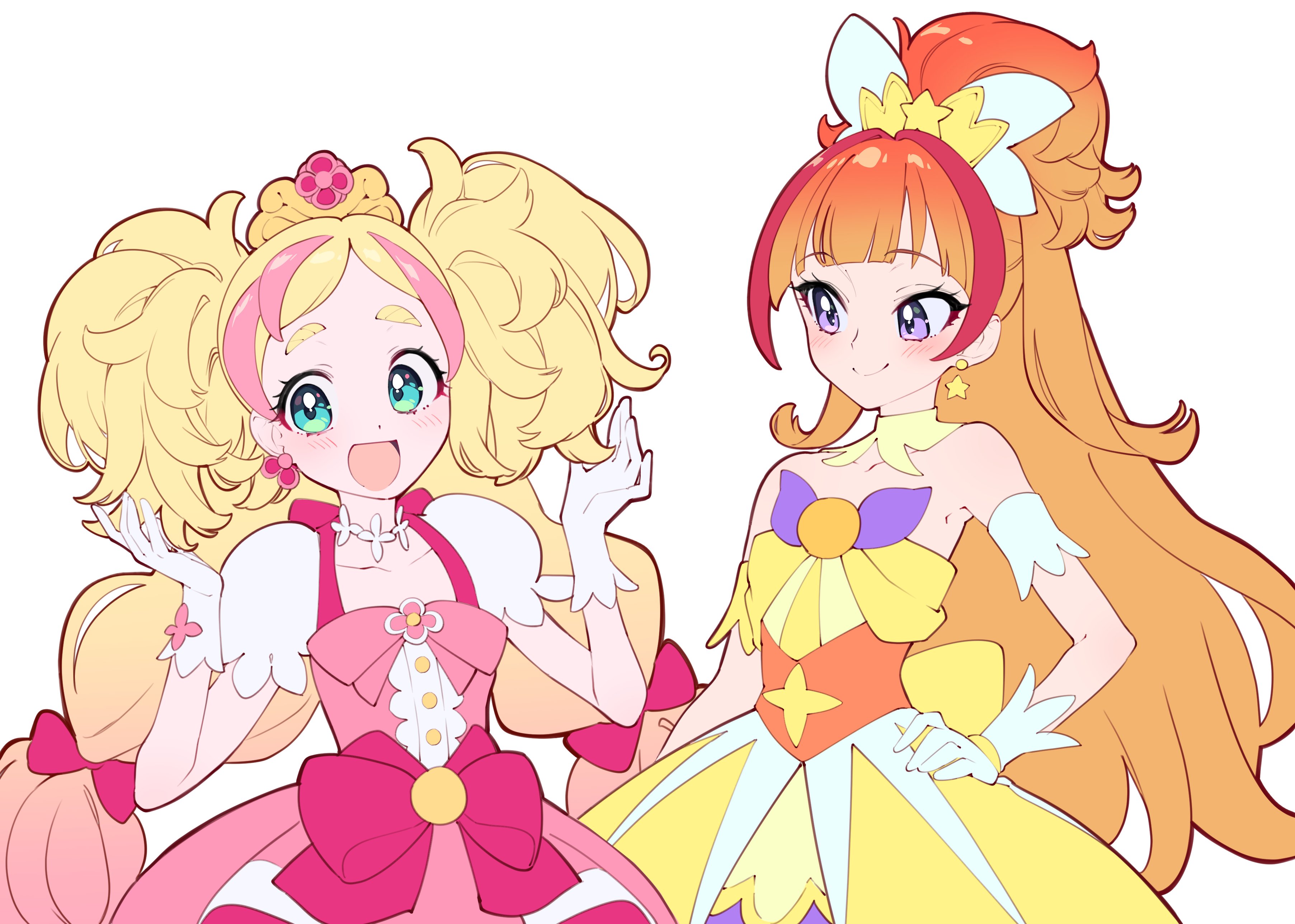 2girls :d absurdres alternate_hairstyle amanogawa_kirara bare_shoulders blonde_hair blue_eyes bow center_frills closed_mouth collarbone commentary_request cure_flora cure_twinkle detached_collar dress dress_bow earrings frills gloves go!_princess_precure gradient_hair hair_bow hairstyle_switch hand_on_own_hip hands_up haruno_haruka high_ponytail highres jewelry long_hair looking_at_another magical_girl multicolored_hair multiple_girls open_mouth orange_hair parted_bangs pink_bow pink_dress pink_hair ponytail precure purple_eyes red_hair short_sleeves smile star_(symbol) star_earrings strapless strapless_dress streaked_hair sutora_binsuke thick_eyebrows twintails two-tone_hair upper_body very_long_hair white_background white_gloves yellow_collar yellow_dress