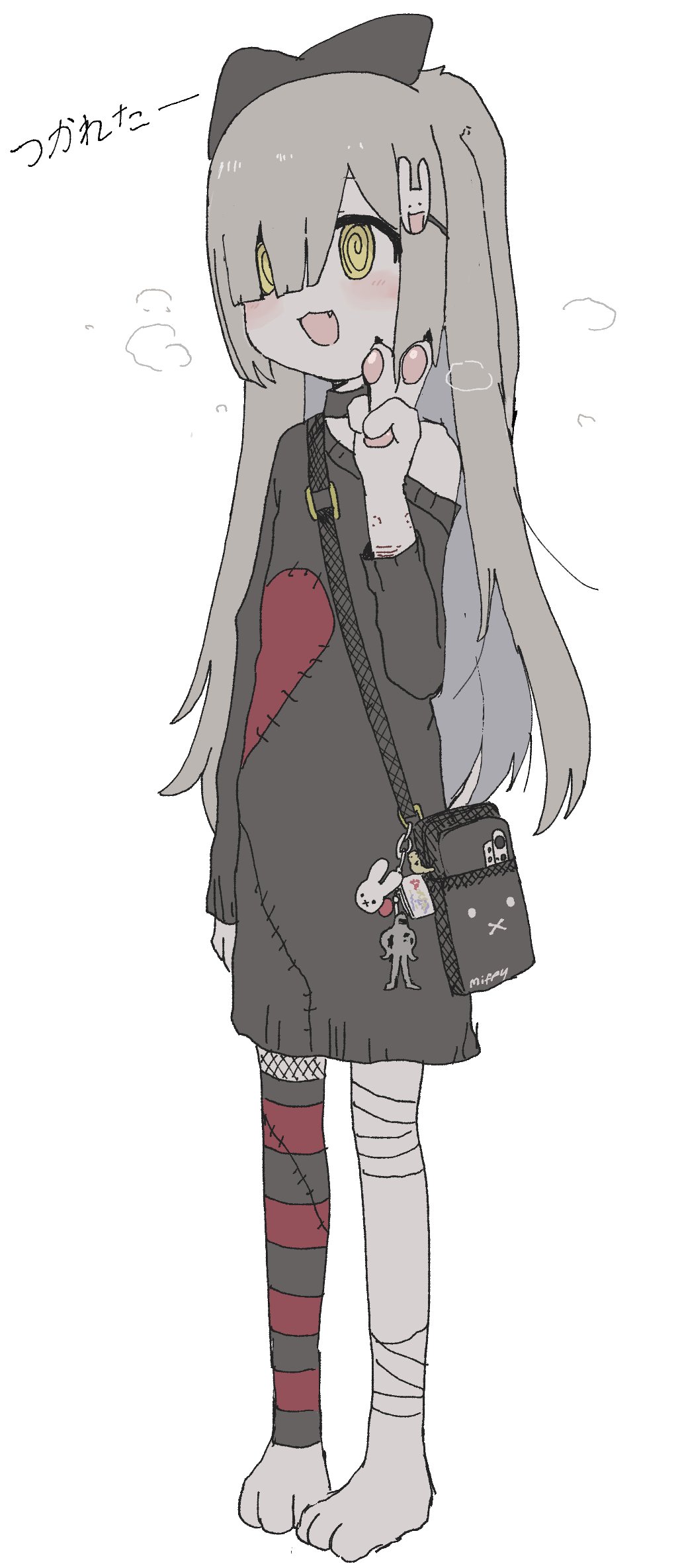 1girl :3 @_@ animal_feet animal_hands arm_at_side bag bag_charm bandaged_leg bandages black_sweater blunt_bangs blush breath cellphone character_charm charm_(object) cigarette_burn collar fang floppy_ears full_body grey_hair hair_ornament hand_up heavy_breathing highres long_hair mother_(series) nintendo off_shoulder open_mouth original oyasu_miyo pawpads phone rabbit_hair_ornament self-harm_scar shoulder_bag single_bare_shoulder smartphone smile solo standing starman_(mother) stitches sweater translation_request v vreparty yellow_eyes