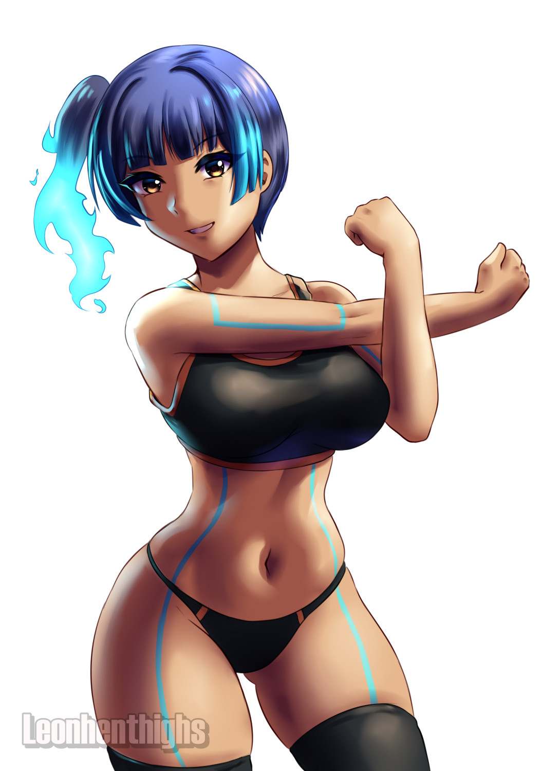 1girl bare_shoulders blue_hair breasts brown_eyes crop_top dark-skinned_female dark_skin glowing glowing_hair large_breasts leonart midriff panties sena_(xenoblade) side_ponytail sleeveless thighhighs underwear white_background xenoblade_chronicles_(series) xenoblade_chronicles_3