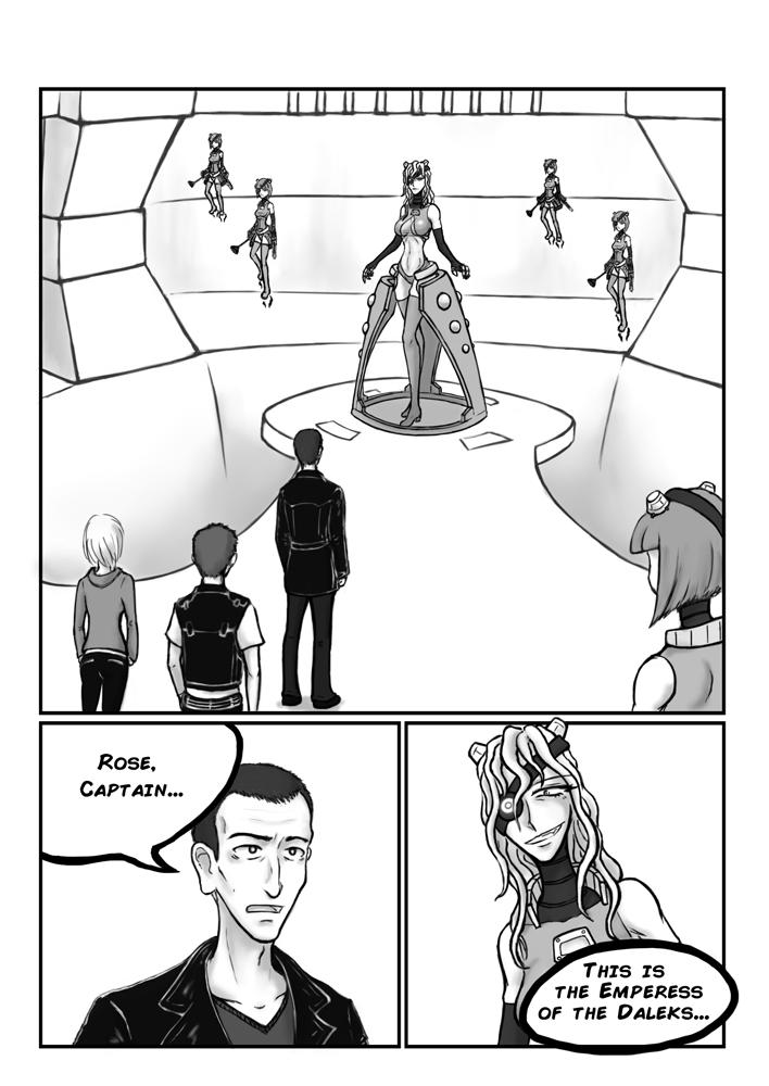 comic dalek dalek_emperor doctor_who jack_harkness jacket leather leather_jacket monochrome multiple_girls ninth_doctor personification rose_tyler short_hair teeth