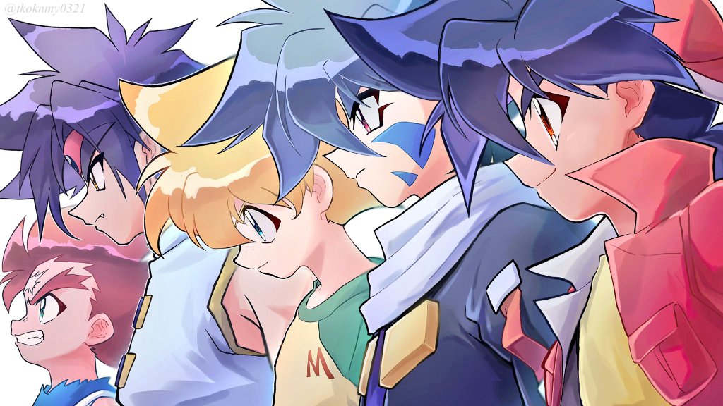 5boys backwards_hat bakuten_shoot_beyblade baseball_cap beyblade blue_hair brown_hair chinese_clothes fang from_side green_shirt group_picture hat hiwatari_kai jacket kinomiya_takao kon_rei long_hair male_focus mizuhara_max multiple_boys ponytail profile red_jacket scar scar_on_face scar_on_forehead shirt short_hair smirk sumeragi_daichi tkoknmy0321 yellow_shirt