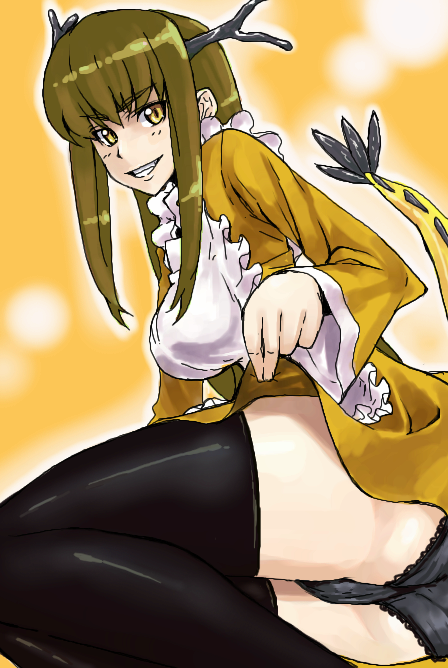 1girl antlers apron artist_request ass black_horns black_panties black_thighhighs breasts brown_hair clothes_lift dragon_girl dragon_tail dress dress_lift frilled_apron frills futaba_channel grin horns kouryuu_(nijiura_maids) lace lace-trimmed_panties lace_trim large_breasts lifting_own_clothes long_hair long_sleeves maid_apron nijiura_maids panties smile solo tail tail_raised teeth thighhighs third-party_source underwear white_apron yellow_dress yellow_eyes yellow_tail