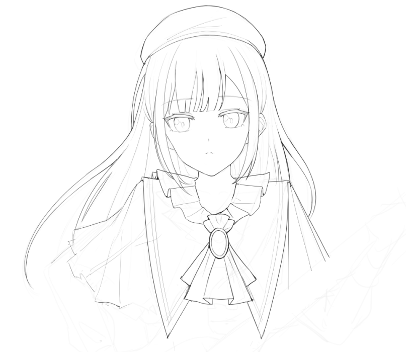 1girl anli_(jwcpp4sum0mgk5r) ascot bang_dream! bang_dream!_it&#039;s_mygo!!!!! beret brooch closed_mouth commentary greyscale hashtag-only_commentary hat jewelry lineart long_hair looking_at_viewer monochrome mortis_(bang_dream!) mortis_(costume)_(bang_dream!) sidelocks simple_background solo unfinished upper_body wakaba_mutsumi white_background