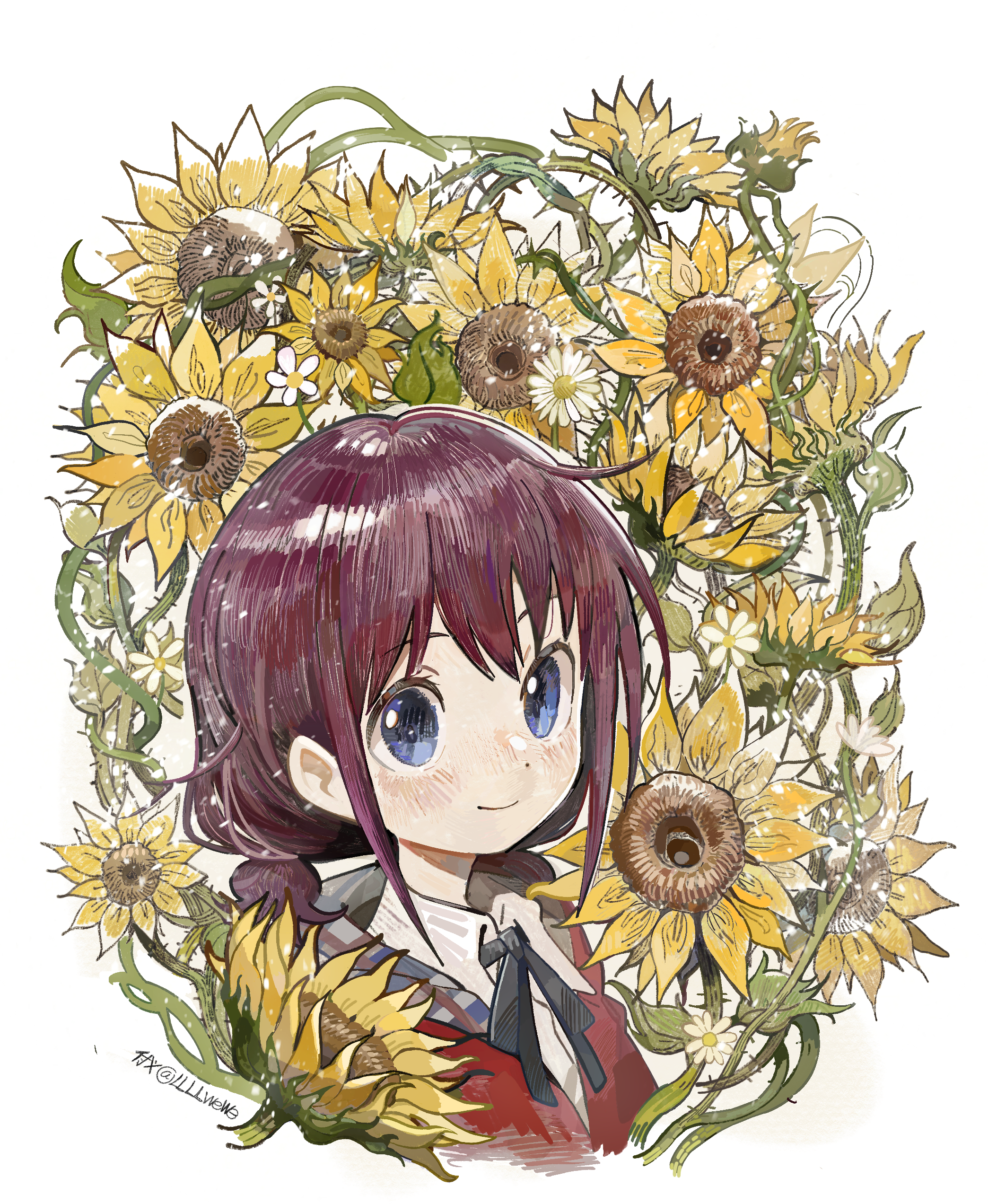 1girl absurdres artist_name black_ribbon blue_eyes closed_mouth commentary_request cropped_torso dot_nose flower girls_band_cry highres iseri_nina light_smile llllwewewe looking_at_viewer neck_ribbon red_hair ribbon solo sunflower white_flower yellow_flower