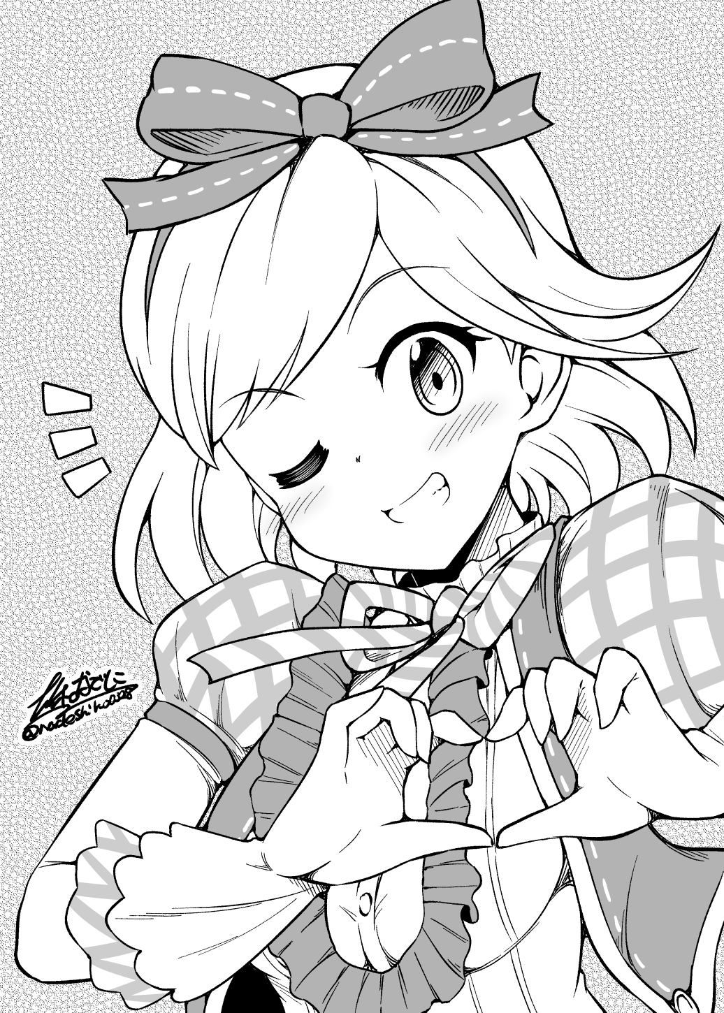 1girl breasts djeeta_(granblue_fantasy) female_focus gloves granblue_fantasy greyscale grin hairband heart heart_hands highres idol kimi_to_boku_no_mirai medium_breasts monochrome one_eye_closed puffy_short_sleeves puffy_sleeves short_sleeves signature smile solo twitter_username upper_body yamato_nadeshiko