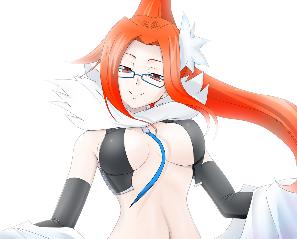 10s 1girl breasts devil_survivor_(series) devil_survivor_2 elbow_gloves female_focus glasses gloves hair_ornament kalx kujou_hinako long_hair matching_hair/eyes navel open_clothes open_shirt orange_eyes orange_hair ponytail shirt smile solo