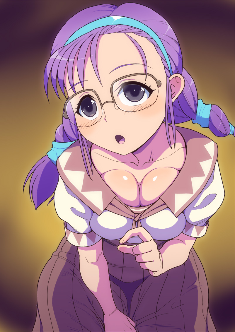 1girl blush braid breasts cheryl_christia cleavage collarbone cowboy_shot embarrassed glasses grey_eyes hairband head_tilt large_breasts leaning_forward long_hair oomaeda open_mouth purple_hair short_sleeves simple_background skirt solo standing twin_braids yellow_background yuukyuu_gensoukyoku