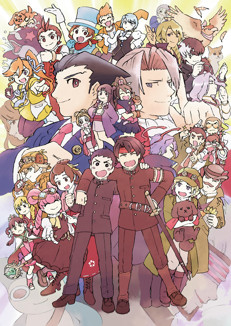 6+boys 6+girls ace_attorney arm_around_shoulder bird black_hair blonde_hair blue_hair blush_stickers braid brown_gloves brown_hair character_request commentary_request cro_iz dick_gumshoe dog ema_skye facial_hair feathers fingerless_gloves franziska_von_karma gakuran gloves godot_(ace_attorney) goggles goggles_on_head hat herlock_sholmes japanese_clothes jewelry kay_faraday kimono larry_butz magatama magatama_necklace maya_fey mia_fey miles_edgeworth missile_(ace_attorney) multiple_boys multiple_girls mustache necklace necktie one_eye_closed orange_hair orca pearl_fey phoenix_wright pink_hair red_necktie school_uniform sword the_great_ace_attorney top_hat weapon wendy_oldbag