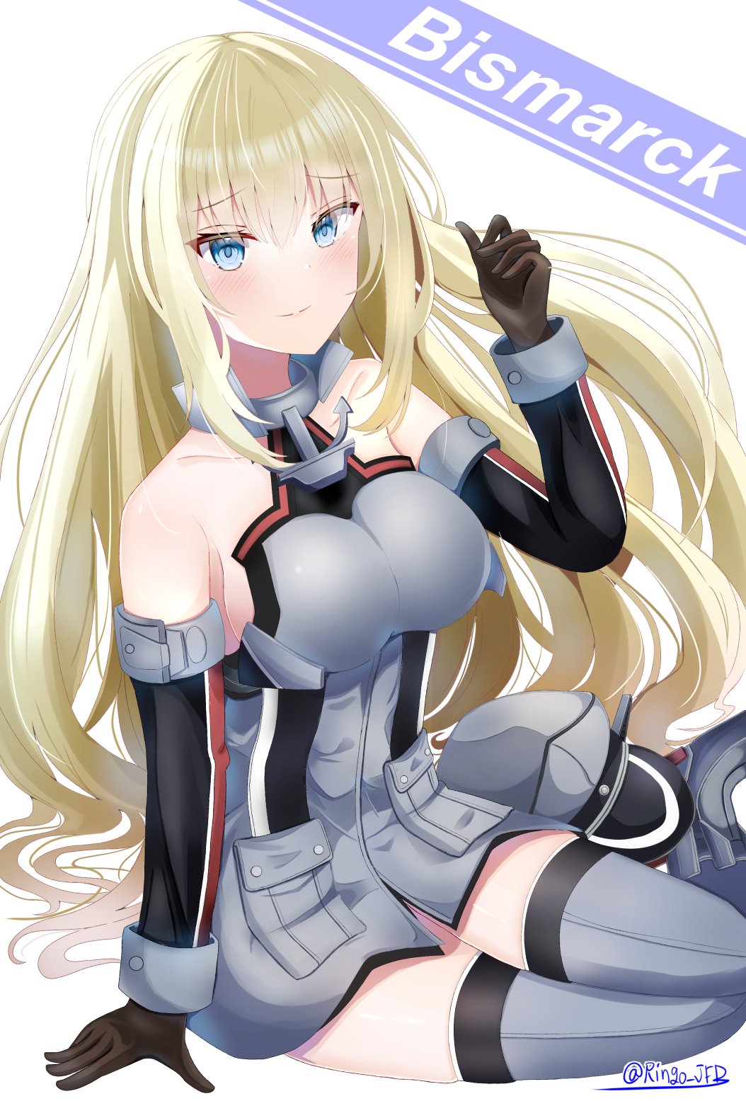 1girl anchor_choker bare_shoulders bismarck_(kancolle) blonde_hair blue_eyes blush breasts character_name commentary_request cross crossed_legs detached_sleeves front_slit gloves grey_thighhighs hair_between_eyes hat highres iron_cross kantai_collection large_breasts long_hair looking_at_viewer military military_uniform no_pants peaked_cap pocket ringo002 sitting smile solo thighhighs unworn_hat unworn_headwear