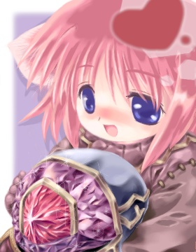 1girl 2000s_(style) badbullet blue_eyes blush brown_jacket heart jacket looking_at_viewer lowres merchant_(ragnarok_online) open_mouth pink_hair purple_background ragnarok_online short_hair smile solo upper_body