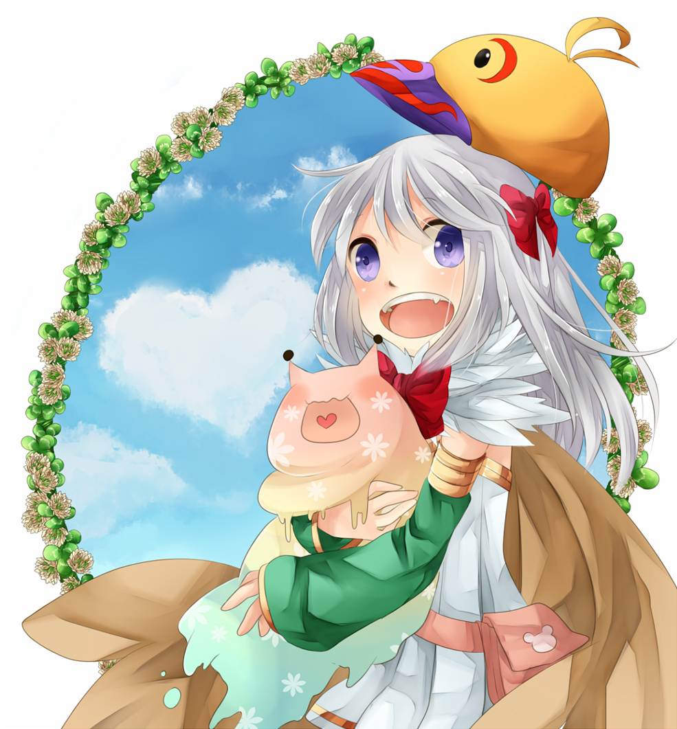 1girl alchemist_(ragnarok_online) bird_hat blue_sky blush bow brown_cape cape cloud commentary_request cowboy_shot day detached_sleeves dress flower fur_collar green_sleeves hair_bow heart heart-shaped_cloud heart_in_mouth long_hair looking_at_viewer meiko_(nattu303) open_mouth peco_peco purple_eyes ragnarok_online red_bow sky smile solo strapless strapless_dress vanilmirth_(ragnarok_online) white_background white_dress white_flower white_hair