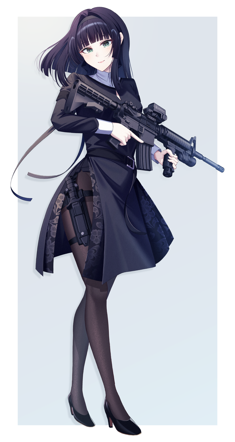 1girl angel_ina assault_rifle black_hair green_eyes gun hair_intakes high_heels highres holding holding_gun holding_weapon light_smile long_hair m4_carbine original pantyhose rifle sheath sheathed side_slit simple_background solo thigh_sheath trigger_discipline vertical_foregrip weapon weapon_request