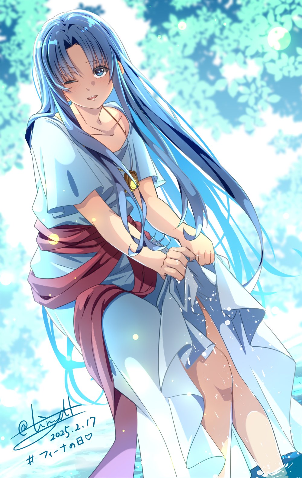 1girl ancient_ys_vanished blue_eyes blue_hair commentary_request curtained_hair dated feena_(ys) highres long_hair one_eye_closed open_mouth outdoors signature smile solo tinybiard translation_request very_long_hair wading ys