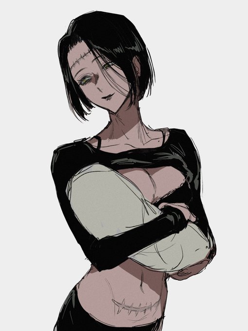 1girl baby black_bra black_hair bob_cut bra breastfeeding breasts cleavage collarbone fallsoki head_tilt itadori_kaori itadori_yuuji jujutsu_kaisen kenjaku lifting_own_clothes looking_down mole mole_on_collarbone scar scar_on_stomach stitches swaddled underwear yellow_eyes