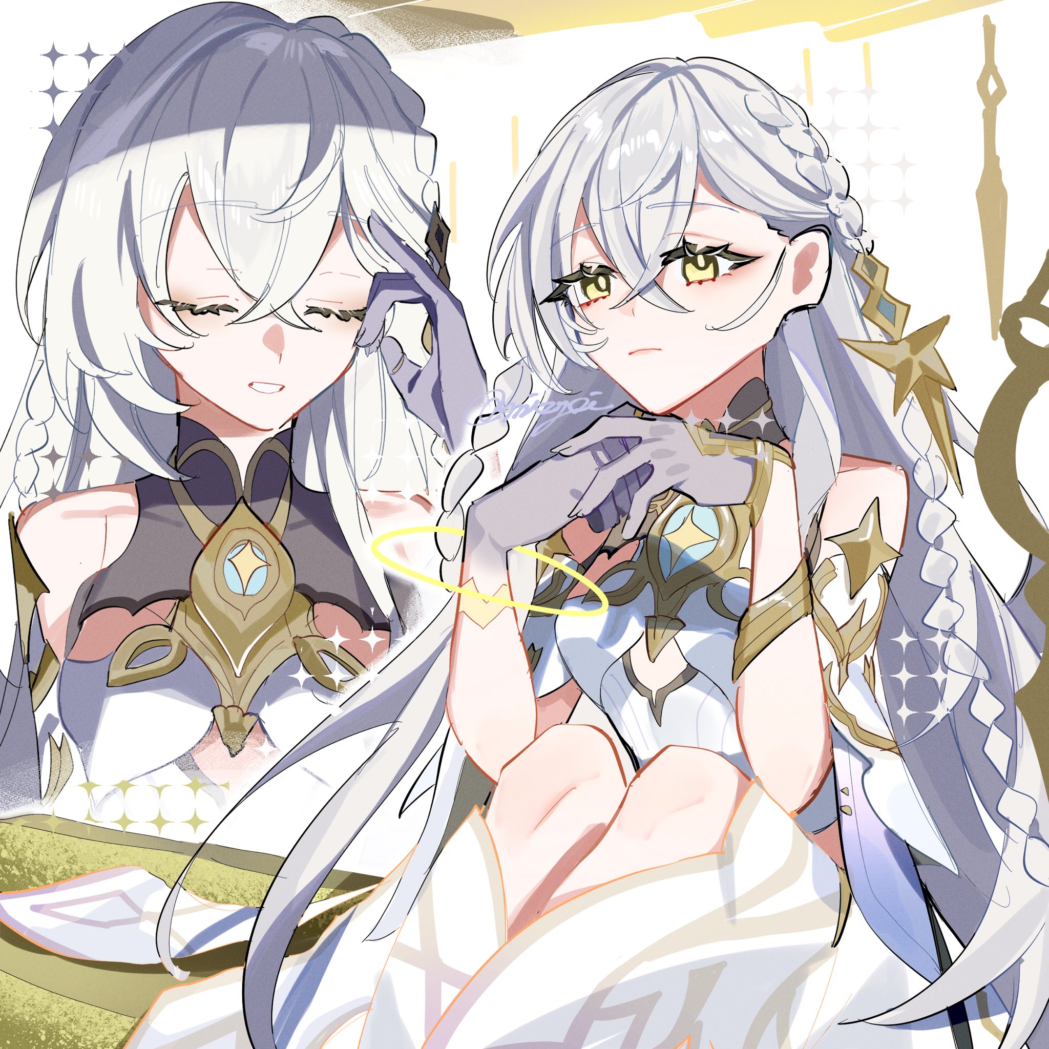 1girl asymmetrical_bangs bare_shoulders braid closed_mouth dress eyes_visible_through_hair genshin_impact hair_between_eyes hair_ornament halo highres istaroth_(genshin_impact) long_hair multiple_views nyayou_amanatto simple_background smile tucking_hair very_long_hair white_background white_dress