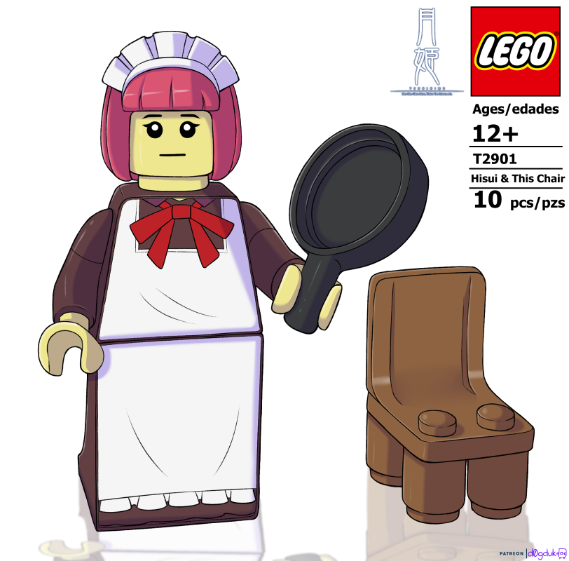 1girl apron bow brown_dress chair d0gduk dress expressionless frying_pan hisui_(tsukihime) holding holding_frying_pan lego lego_brick lego_minifig looking_at_viewer maid maid_apron maid_headdress meme pink_hair red_bow reflective_floor short_hair tsukihime watermark