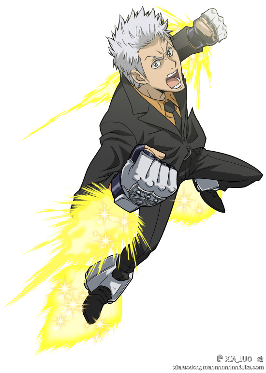 1boy formal_clothes full_body katekyo_hitman_reborn! looking_at_viewer male_focus open_mouth orange_shirt sasagawa_ryohei shirt short_hair solo spiked_hair suit teeth