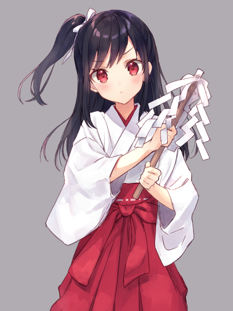 1girl :&lt; black_hair blush character_request commentary_request female_focus frown gohei grey_background hair_ribbon hakama hakama_skirt japanese_clothes kaiketsu!_obake_capriccio!! long_hair looking_at_viewer miko one_side_up oonusa red_eyes red_hakama ribbon rimo simple_background skirt solo white_ribbon wide_sleeves