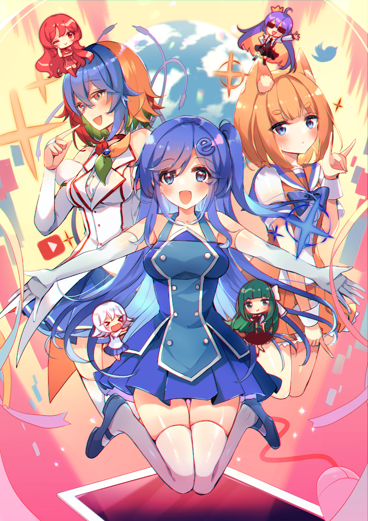 &gt;_&lt; 6+girls :&gt; :d :o ;&gt; ahoge animal_ears arms_up bad_link bing bing_(merryweather) blonde_hair blue_eyes blue_footwear blue_hair blunt_bangs blush bow bowtie crown elbow_gloves firefox_(merryweather) fox_ears fox_shadow_puppet gloves google_chrome google_chrome_(merryweather) green_eyes green_hair hair_between_eyes hair_bow hair_intakes hair_ornament happy internet_explorer internet_explorer_(merryweather) internet_explorer_(webcomic) jumping kirero long_hair looking_at_viewer mini_person minigirl mozilla_firefox multicolored_eyes multicolored_hair multiple_girls netscape netscape_(merryweather) one_eye_closed open_mouth opera_(merryweather) opera_(web_browser) orange_hair power_lines purple_hair red_eyes red_hair sailor_collar shirt short_eyebrows short_hair side_ponytail smile sunglasses tearing_up thighhighs tor_(merryweather) tor_browser white_bow white_gloves white_hair white_legwear white_shirt yellow_eyes