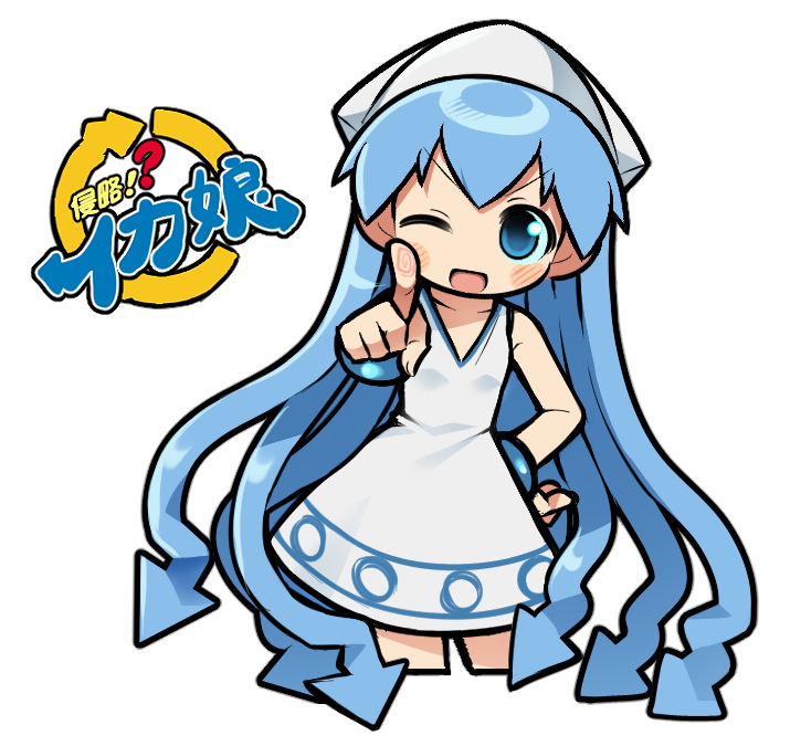 1girl blue_eyes blue_hair breasts dress hand_on_own_hip hat ikamusume index_finger_raised jjjjtaaaku logo long_hair looking_at_viewer one_eye_closed open_mouth pointing pointing_at_viewer shinryaku!_ikamusume simple_background sleeveless sleeveless_dress small_breasts solo squid_girl squid_hat tentacle_hair very_long_hair white_background white_dress white_hat