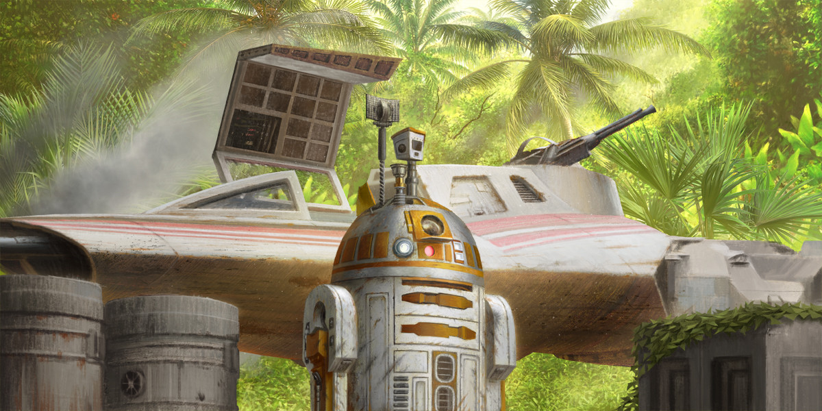 alexandr_elichev astromech_droid day jungle nature no_humans outdoors palm_tree smoke spacecraft star_wars tree