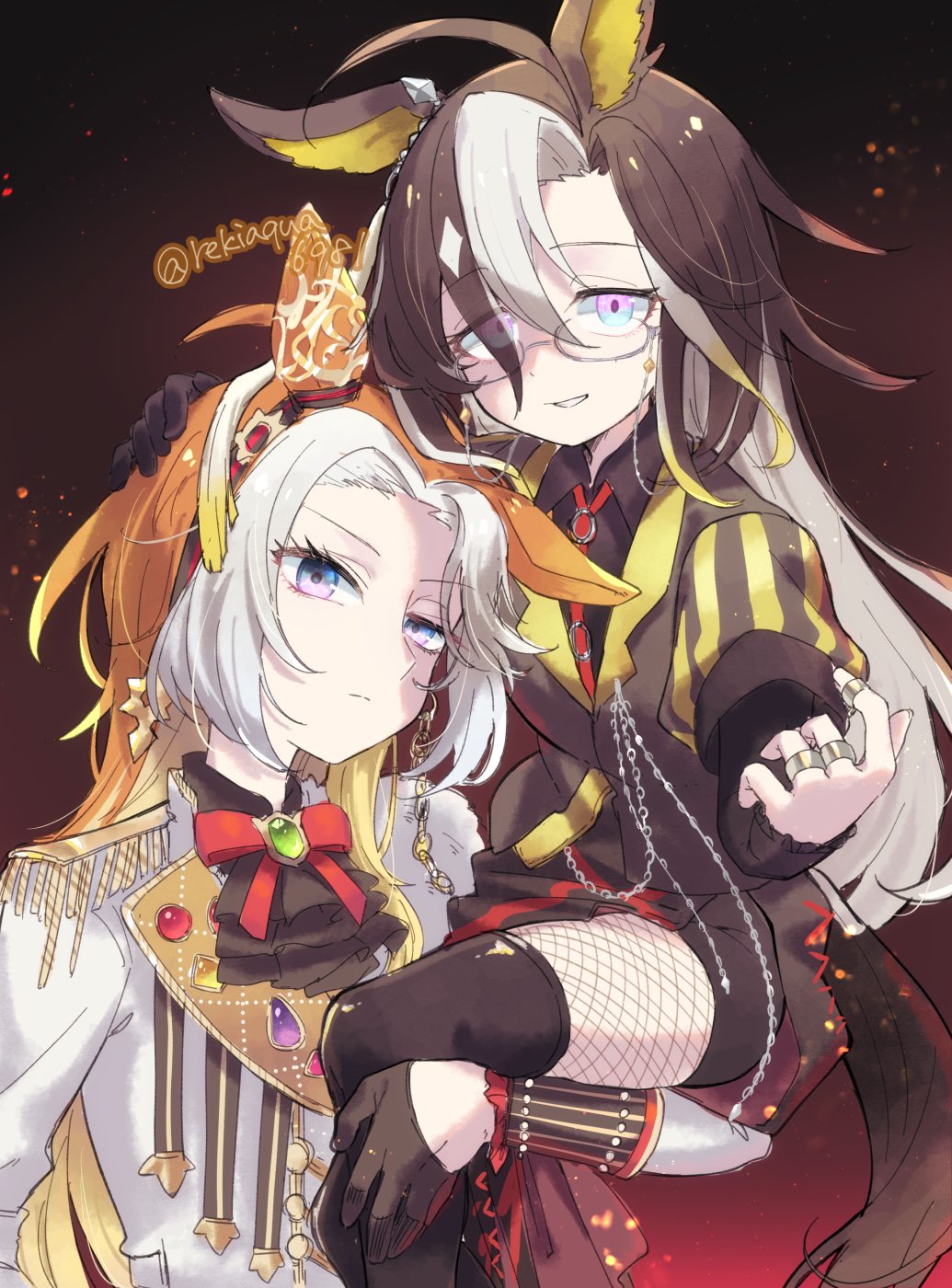2girls ahoge animal_ears black_gloves black_thighhighs blonde_hair blue_eyes bow bowtie brown_hair carrying commentary_request dream_journey_(umamusume) ear_covers ear_ornament epaulettes eyes_visible_through_hair eyewear_strap fishnet_fabric fur_trim gem glasses gloves gold_trim gradient_eyes gradient_hair green_gemstone hair_intakes hair_over_one_eye half_gloves hand_on_another&#039;s_head head_tilt highres horse_ears horse_girl horse_tail jewelry light_brown_hair long_hair long_sleeves multicolored_eyes multicolored_hair multiple_girls multiple_rings orange_gemstone orange_hair orfevre_(umamusume) purple_eyes purple_gemstone red_bow red_bowtie red_gemstone reki_(arequa) ring shoulder_carry siblings silver_chain single_ear_cover single_epaulette single_sidelock sisters smirk tail thighhighs twitter_username two-tone_eyes umamusume