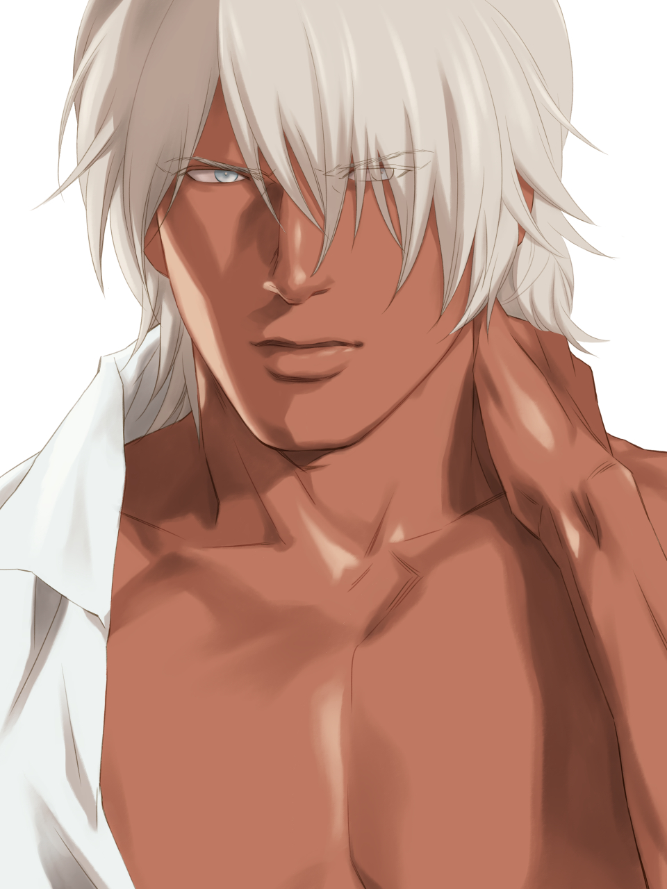 1boy bishounen blue_eyes dark-skinned_male dark_skin devil_may_cry_(series) devil_may_cry_1 hagane_400ppm hair_over_one_eye handsome_man highres ikemen long_hair looking_at_viewer male_focus tan tanned_body white_hair