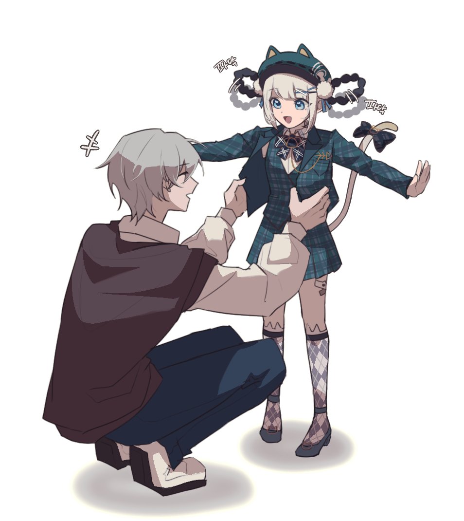 1boy 1girl animal_ear_headwear animal_ears bambinata_(pgr) black_hair black_pants bow braid braided_hair_rings brown_sweater cat_ears cat_tail checkered_bow checkered_clothes checkered_jacket checkered_skirt closed_mouth commandant_(pgr) dooyam_830 fake_animal_ears full_body green_bow green_hat green_jacket green_skirt grey_hair grey_shirt hair_ornament hair_rings happy hat jacket long_sleeves mechanical_legs multicolored_hair open_mouth pants punishing:_gray_raven shirt skirt sweater tail tail_bow tail_ornament two-tone_hair white_shirt x_hair_ornament