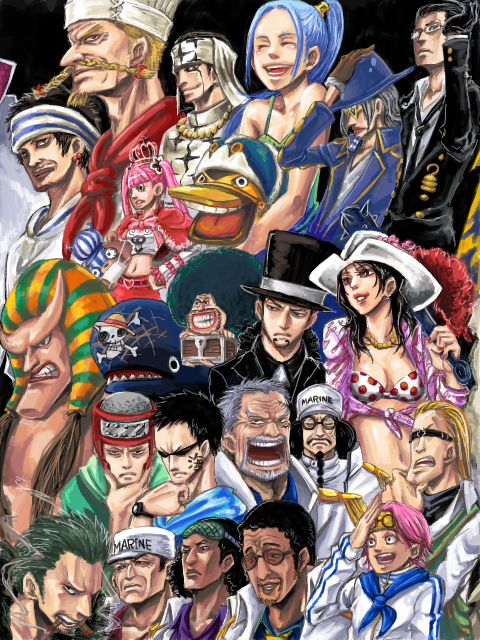 3girls 6+boys afro alvida_(one_piece) bear bird black_hair blonde_hair blue_hair borsalino_(kizaru) brown_hair capelet captain_kuro chef duck everyone facial_hair gaimon gin_(one_piece) glasses green_hair grey_hair hannyabal helmeppo jango_(one_piece) johnny_(one_piece) karoo_(one_piece) koby_(one_piece) kumacy kuzan_(aokiji) laboon military military_uniform monkey_d._garp multiple_boys multiple_girls mustache nefertari_vivi one_piece pell perona pink_hair pirate princess red-leg_zeff rob_lucci sakazuki_(akainu) sengoku_(one_piece) sleep_mask smoker_(one_piece) sunglasses trunk whale yosaku_(one_piece)