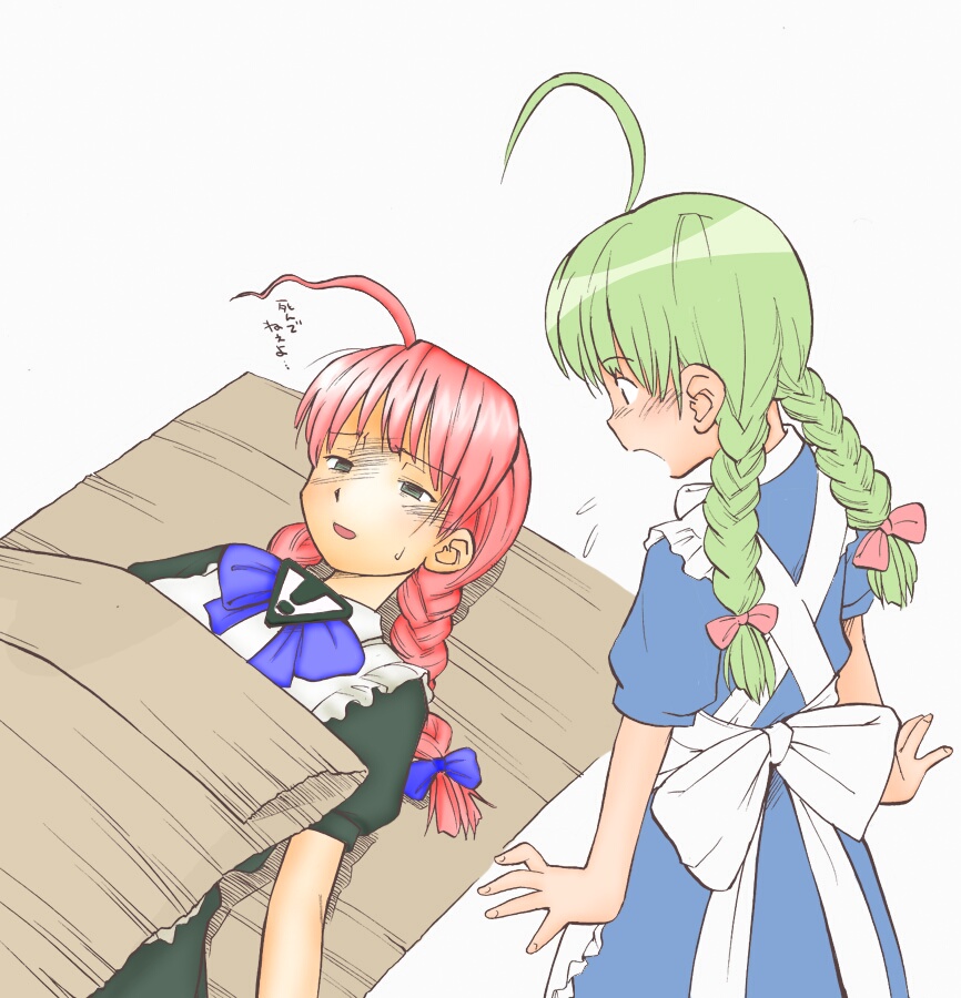 2girls ahoge apron bow braid green_hair hair_ribbon long_hair maid maid_apron me-tan multiple_girls open_mouth os-tan red_hair ribbon twin_braids we-tan