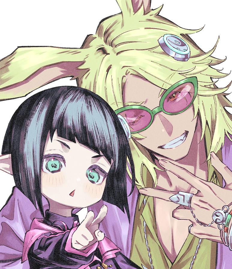 1boy 1girl animal_ears aqua_eyes black_hair commentary dancing_green fang final_fantasy final_fantasy_xiv furue_(kkrfurue) green_hair grin lalafell light_blush looking_at_viewer one_eye_closed pink-tinted_eyewear pointy_ears rabbit_boy rabbit_ears simple_background smile sugar_riot sunglasses symbol-only_commentary tinted_eyewear triangle_mouth v viera w white_background