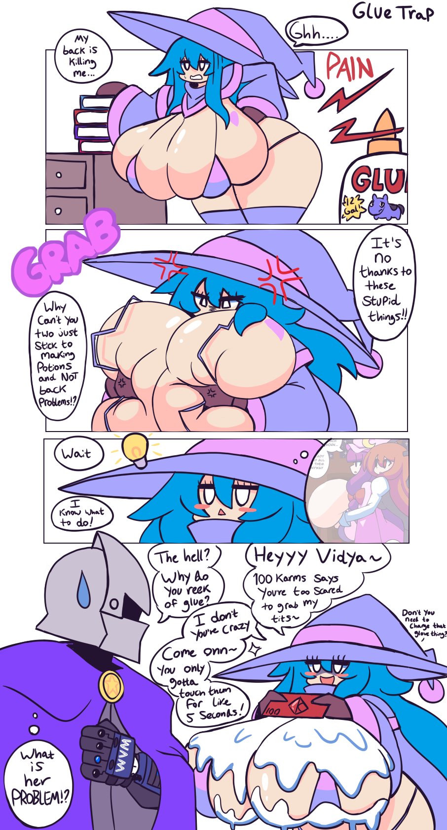 1boy 1girl angry back_pain bent_over blue_hair blush book breast_awe breasts cape comic curvy deep_skin english_text eyelashes gensin gigantic_breasts glue grabbing_own_breast grin hat helmet highres light_bulb naughty_face open_mouth original patchouli_knowledge power_glove presenting shiny_skin skindentation smile speech_bubble sweatdrop thick_thighs thighhighs thighs touhou white_eyes wide_hips witch_hat