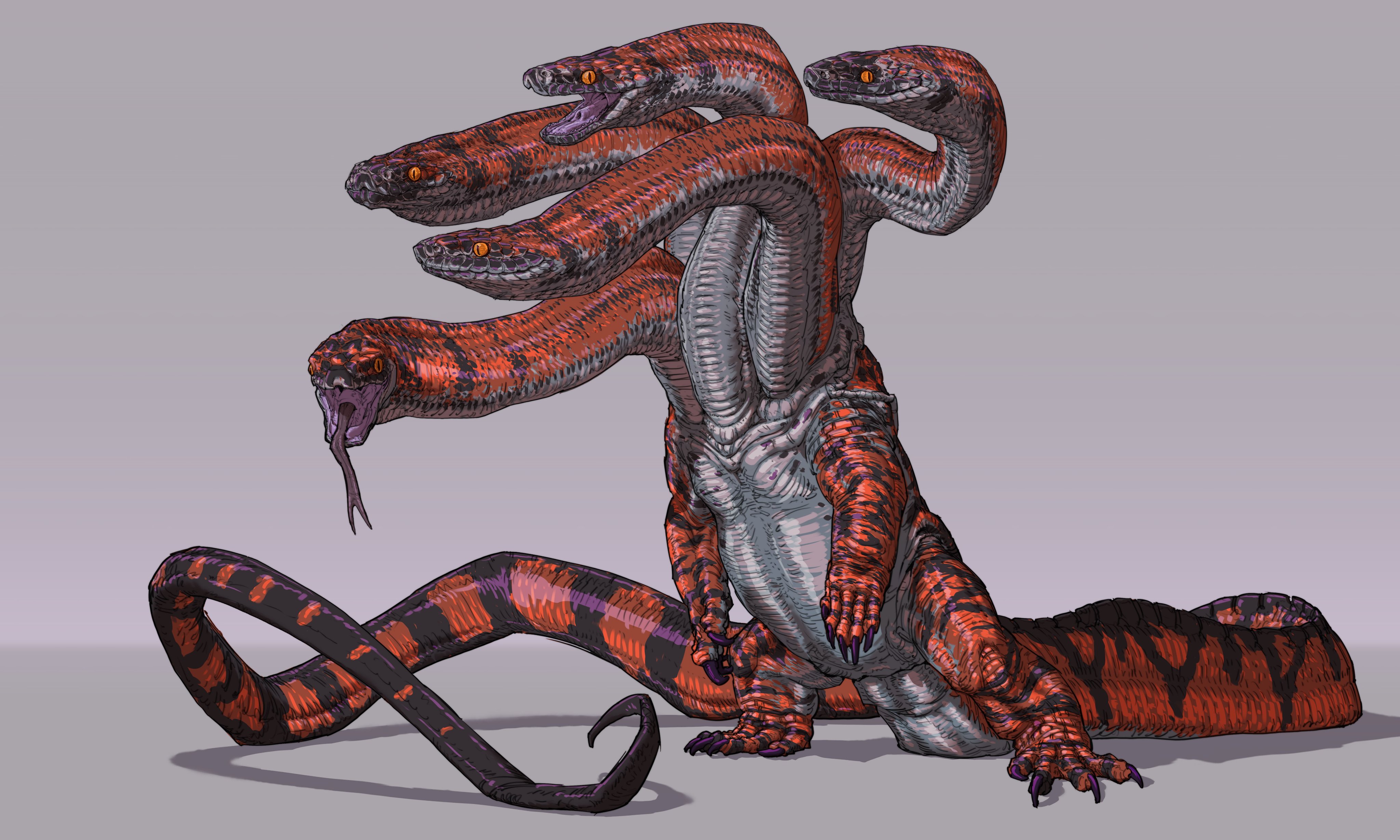 absurdres black_scales corey_rivera forked_tongue grey_background grey_scales highres hydra monster multicolored_scales no_humans open_mouth orange_eyes orange_scales original slit_pupils solo standing tail tongue