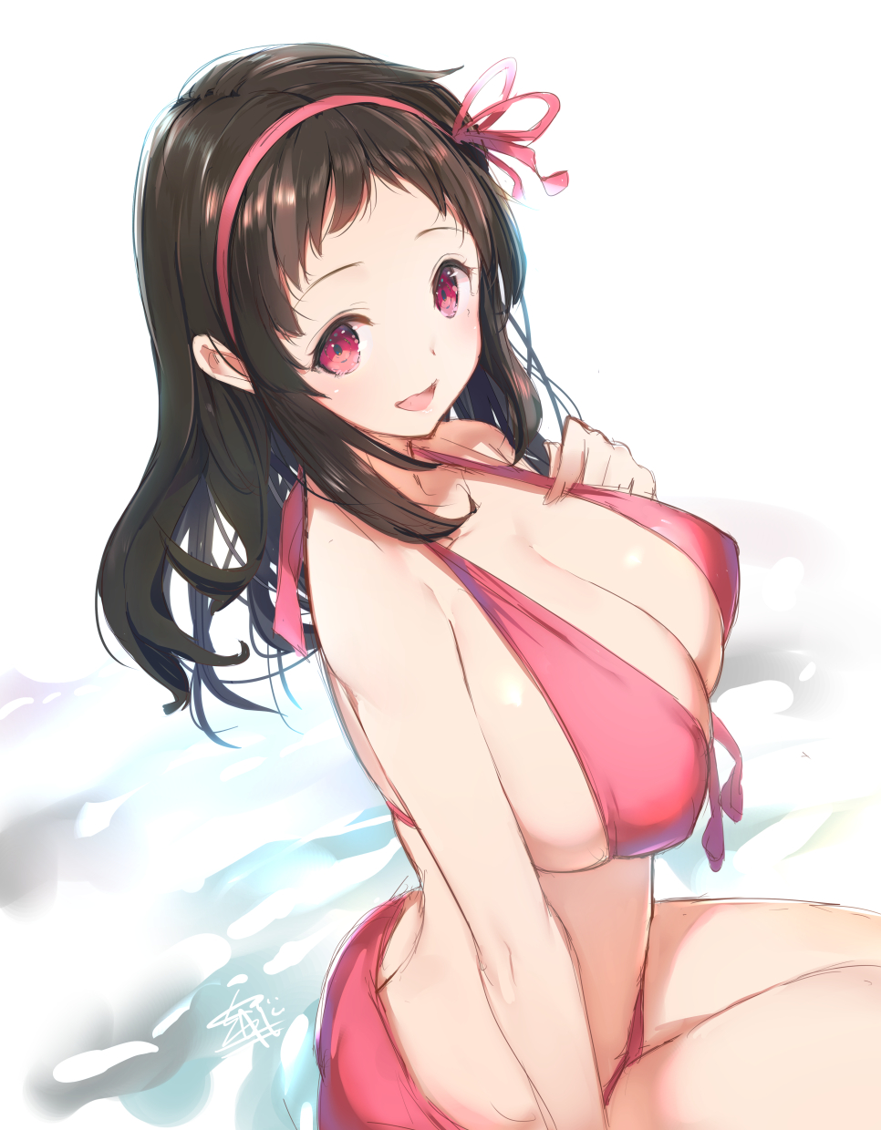 1girl ass ayame_(senran_kagura) bikini black_hair blue_eyes blush breasts butt_crack cleavage hair_ribbon hairband highres huge_breasts long_hair looking_at_viewer open_mouth red_eyes ribbon senran_kagura signature sitting smile solo swimsuit yaegashi_nan
