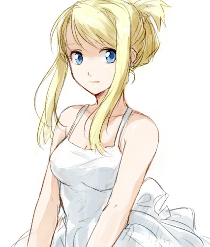 1girl arms_at_sides bare_arms bare_shoulders blonde_hair blue_eyes breasts close-up dress expressionless female_focus fullmetal_alchemist looking_at_viewer looking_away lowres medium_breasts riru simple_background sleeveless sleeveless_dress smile solo upper_body white_background white_dress winry_rockbell