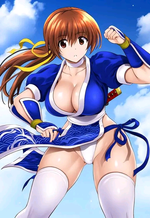 1girl artist_request blue_sky breasts brown_eyes brown_hair choker cleavage clenched_hand cloud cloudy_sky collarbone curvy day dead_or_alive dead_or_alive_3 highleg highleg_panties japanese_clothes kasumi_(doa) large_breasts long_hair looking_at_viewer low_ponytail ninja outdoors panties parted_lips pelvic_curtain ponytail puffy_short_sleeves puffy_sleeves revealing_clothes ribbon short_sleeves sky solo thighhighs thighs thong underwear weapon white_panties white_thighhighs wide_hips yellow_ribbon