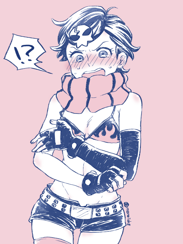 !? 1girl bikini bikini_top_only blush classicaloid cosplay covering_breasts covering_privates cowboy_shot embarrassed fingerless_gloves flame_print gloves hair_ornament monochrome moroi_(moroiohs) open_mouth otowa_kanae pink_background pink_theme print_bikini scarf short_shorts shorts simple_background skull_hair_ornament solo spoken_interrobang swimsuit tears tengen_toppa_gurren_lagann yoko_littner yoko_littner_(cosplay)