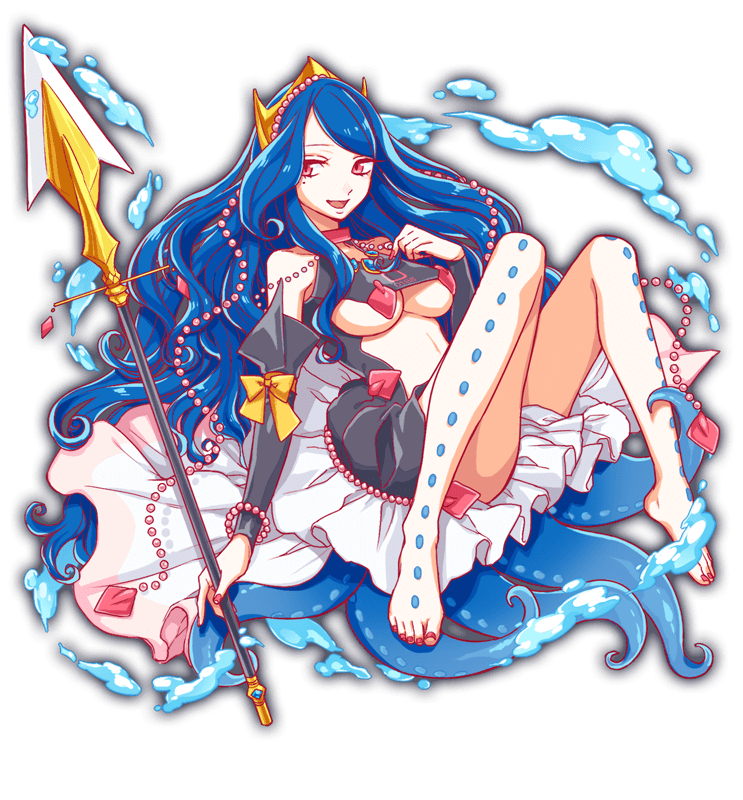 anime_coloring artist_request bare_legs bare_shoulders barefoot beads black_bodysuit black_sleeves blue_hair bodysuit bow bracelet breasts clothing_cutout collar collarbone crash_fever detached_sleeves eyelashes fingernails frilled_bodysuit frills full_body game_cg gold_tiara hair_ornament holding holding_polearm holding_weapon jewelry kraken kraken_(crash_fever) large_breasts long_hair long_sidelocks looking_at_another mature_female mole mole_under_eye nail_polish number_print numbered official_art outline parted_lips polearm print_bodysuit red_collar red_eyes red_nails red_outline sidelocks simple_background sleeve_bow sleeveless sleeveless_bodysuit smile solo spear square square_print swept_bangs tachi-e tentacles third-party_source tiara toenails transparent_background twirling_hair underboob very_long_hair water_drop wavy_hair wavy_sidelocks weapon yellow_bow
