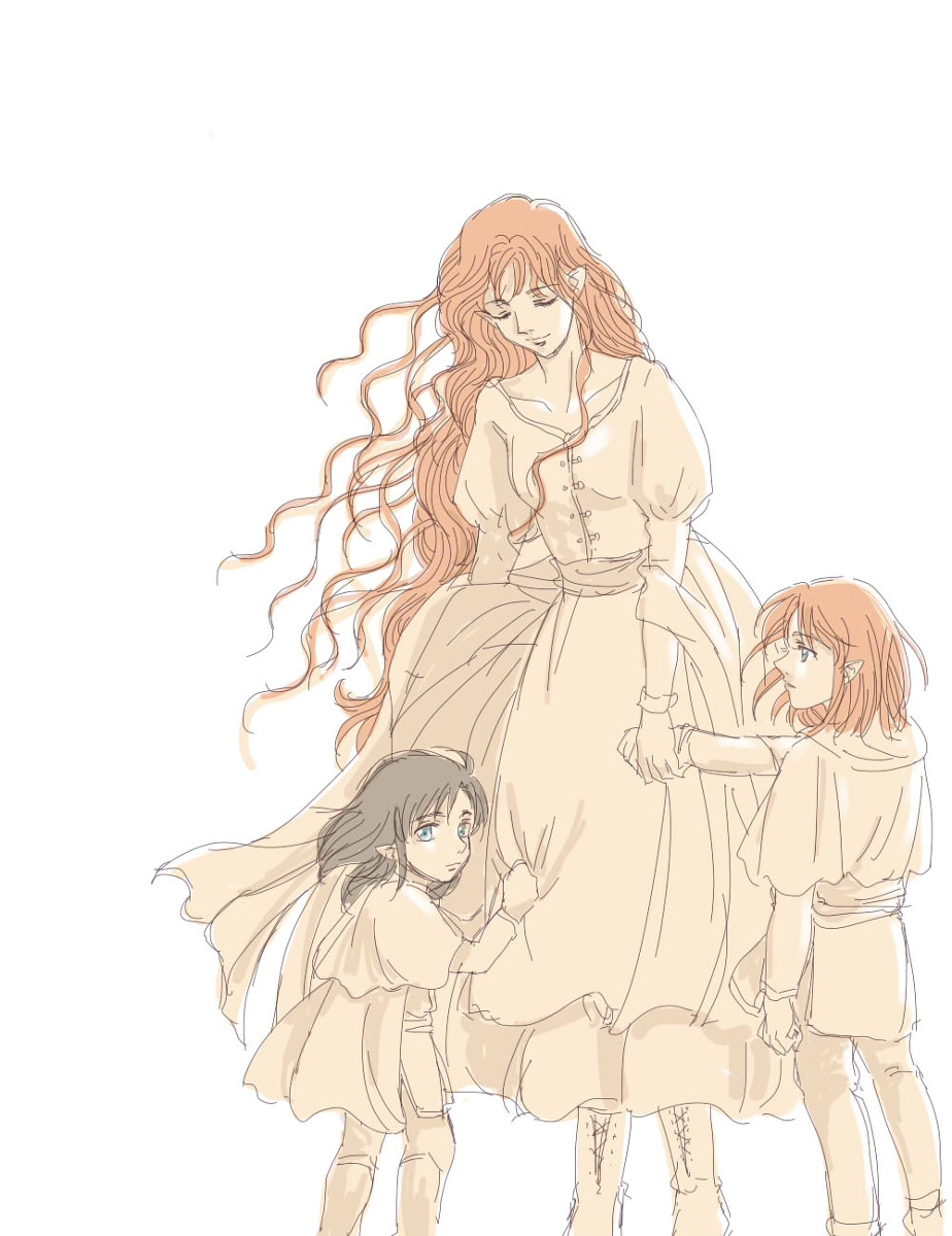 1girl 2boys black_hair blue_eyes brothers closed_eyes collarbone dress elf eyelashes floating_hair highres holding holding_hands long_hair looking_at_viewer looking_to_the_side maedhros maglor medium_hair mintkim mother_and_son multiple_boys nerdanel pointy_ears prince red_hair siblings simple_background the_silmarillion tolkien&#039;s_legendarium white_background