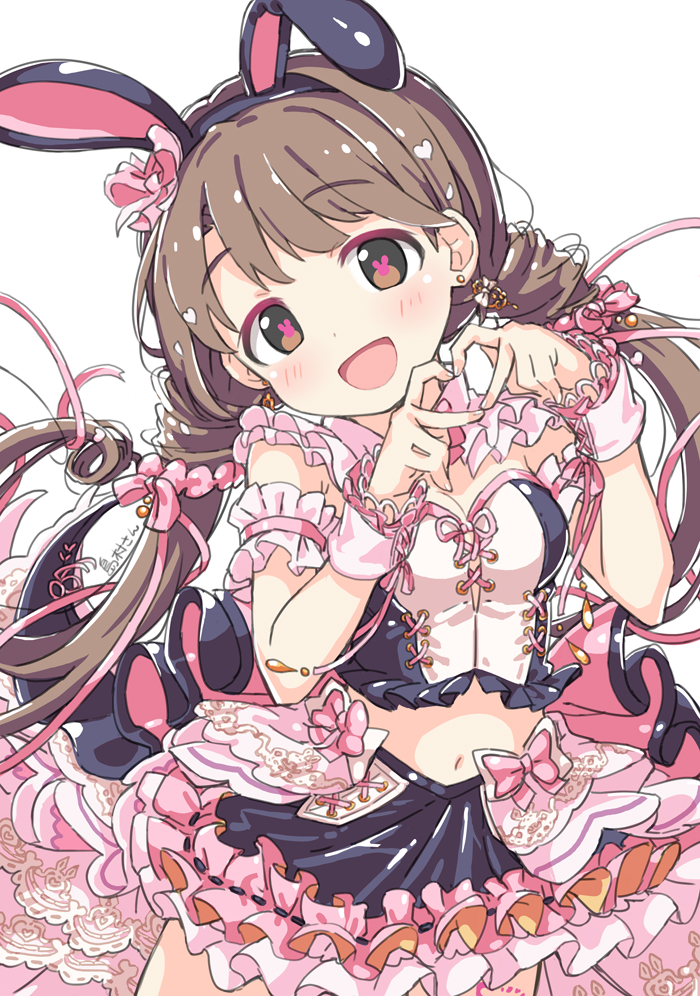 1girl :d animal_ear_hairband animal_ears blush breasts brown_eyes brown_hair character_name cowboy_shot detached_sleeves dot_nose dress earrings fake_animal_ears frilled_dress frilled_skirt frills hair_ribbon hairband head_tilt heart heart_hands idolmaster idolmaster_cinderella_girls jewelry kuresuku_(lessons) layered_skirt long_hair looking_at_viewer medium_breasts midriff navel open_mouth rabbit-shaped_pupils rabbit_ear_hairband rabbit_ears ribbon shimamura_uzuki skirt smile solo symbol-shaped_pupils tank_top twintails very_long_hair wrist_cuffs