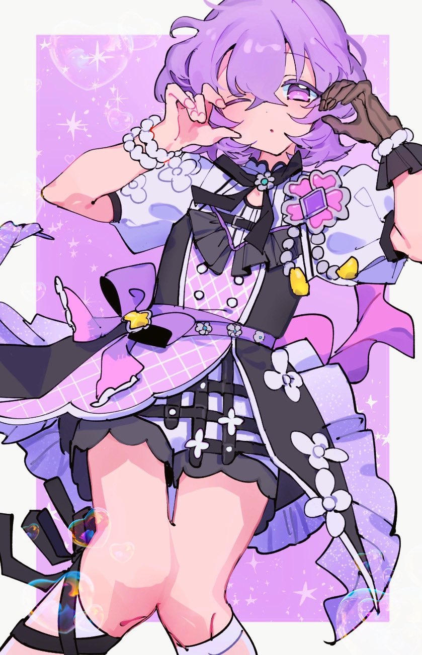 1boy arms_up black_gloves black_ribbon bow bracelet closed_mouth dot_mouth dress ensemble_stars! flower frilled_gloves frilled_skirt frills gloves hair_between_eyes hanamura_fuyume heart heart_hands highres jewelry knees_together_feet_apart looking_at_viewer medium_hair multicolored_dress one_eye_closed puffy_short_sleeves puffy_sleeves purple_bow purple_eyes purple_footwear purple_hair ribbon short_sleeves skirt solo taki_(takiki_0w0) white_flower