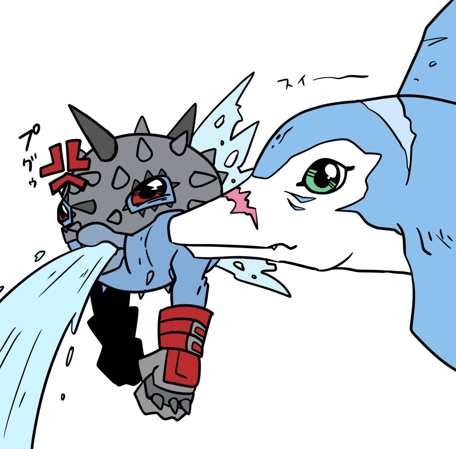 angry belt digimon digimon_(creature) dolphin fish gloves puffer_fish pukumon red_eyes rukamon simple_background water white_background