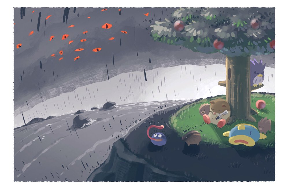 apple boar cloud coo_(kirby) dark_matter_(kirby) food fruit gooey_(kirby) grass kine_(kirby) kirby&#039;s_dream_land_3 kirby_(series) kumoketu nintendo nruff rain rick_(kirby) sleeping tree